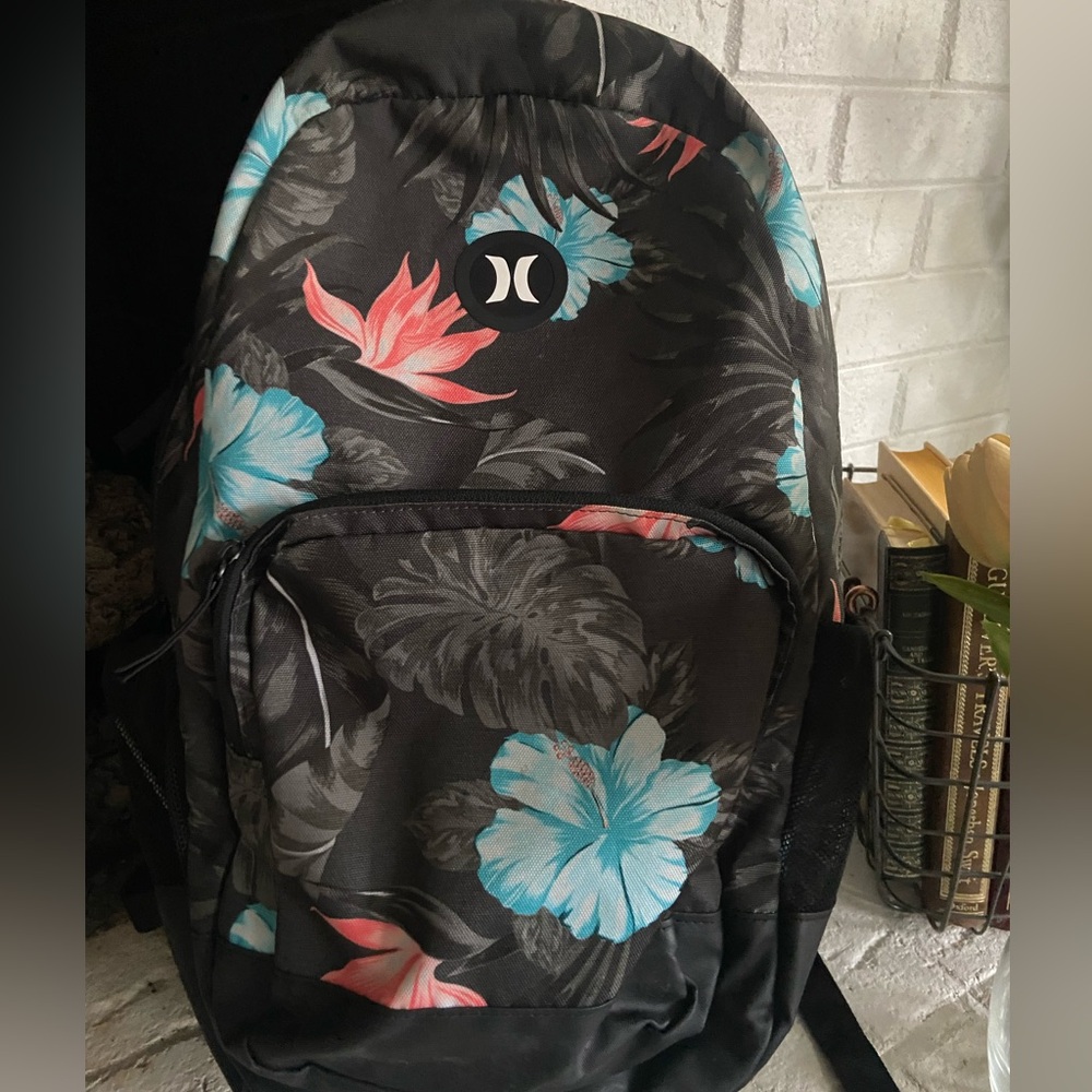 Hurley Black Backpack with Turquoise & Coral Floral Print